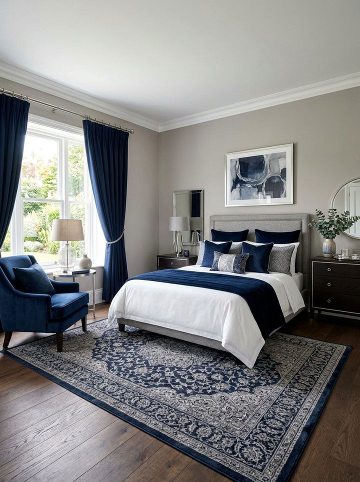 Pebble gray bedroom with navy accents - 30 pebble gray bedroom ideas
