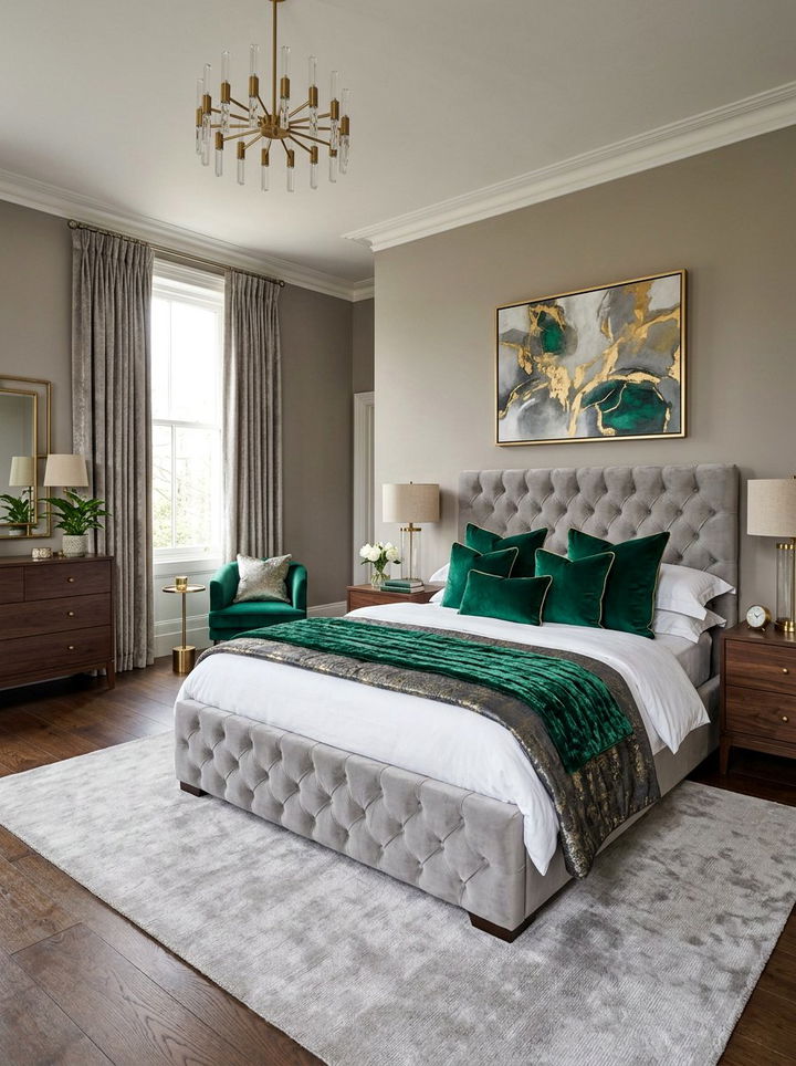 Pebble gray bedroom with velvet textures - 30 pebble gray bedroom ideas