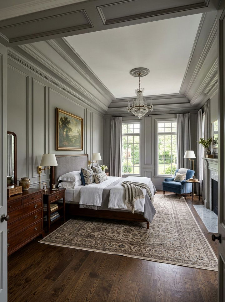 Pebble gray bedroom with wall molding - 30 pebble gray bedroom ideas