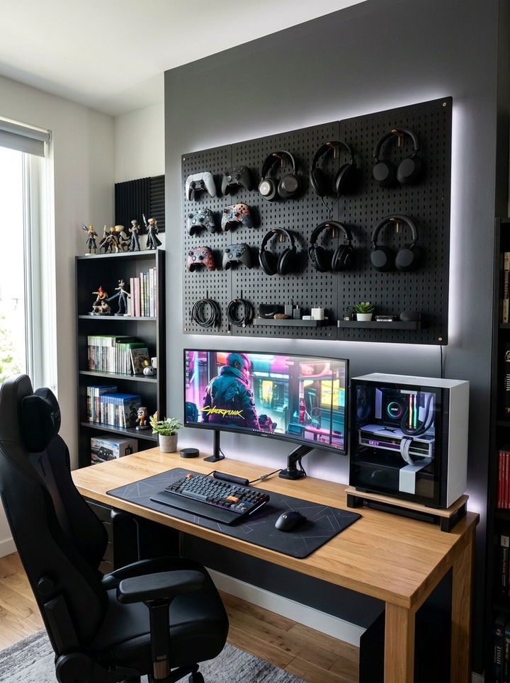 Pegboard Gaming Wall - 30 gaming bedroom ideas