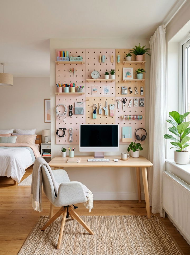 Pegboard Storage Wall - 30 bedroom shelving ideas