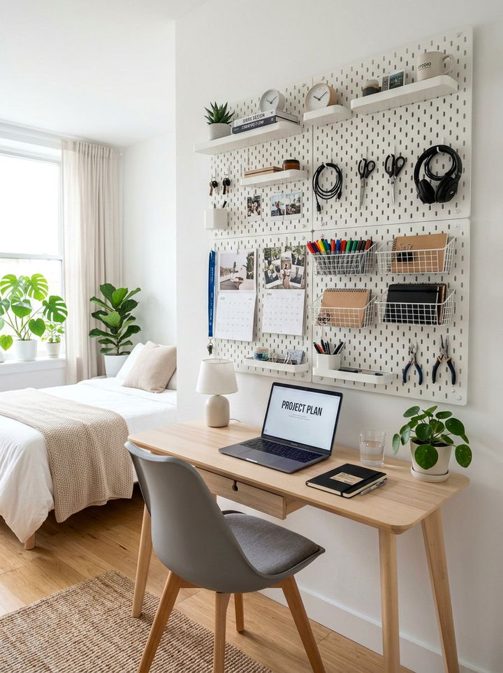Pegboard Wall Organizer - 30 bedroom wall shelving ideas