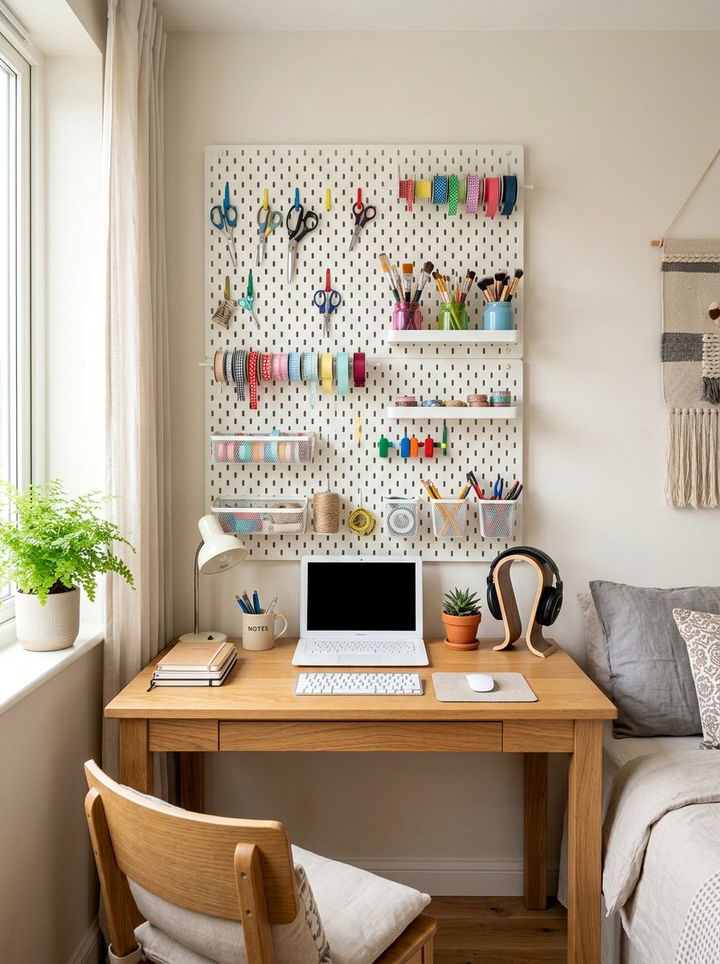 Pegboard Wall Storage - 30 bedroom craft corner ideas