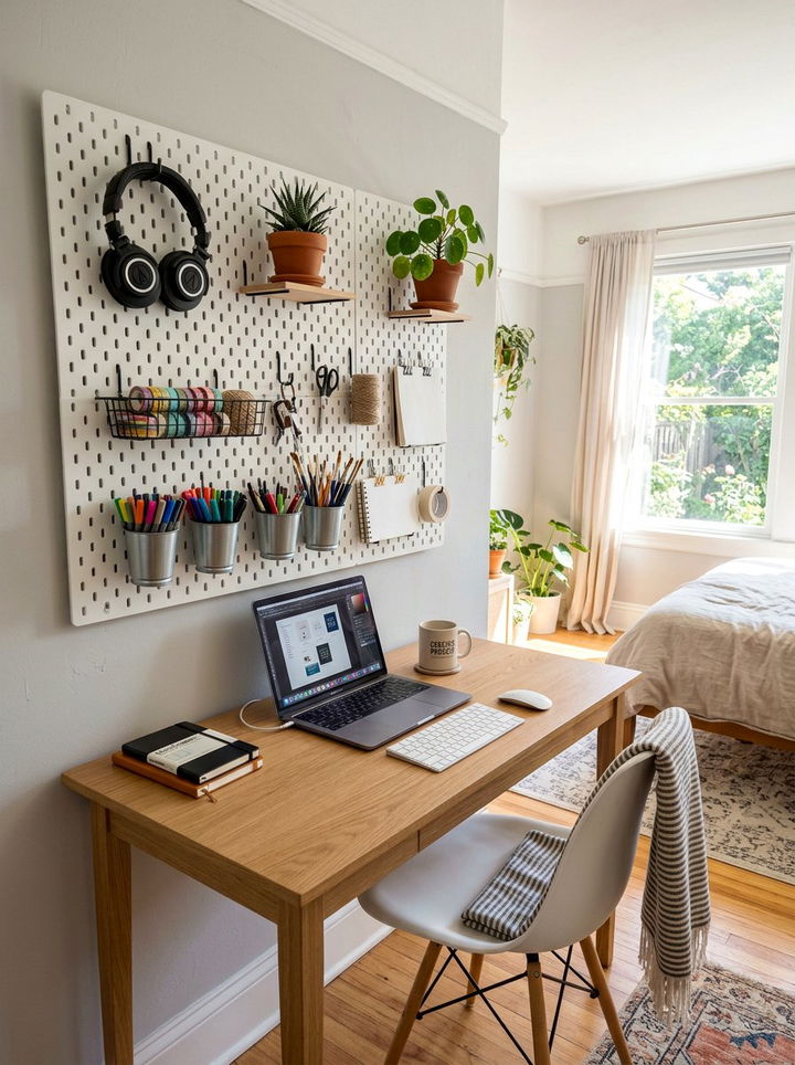 Pegboard Wall Storage - 30 small bedroom space storage ideas