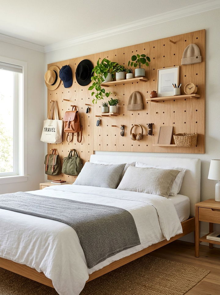 Pegboard Wall Storage System - 30 bedroom overhead storage ideas