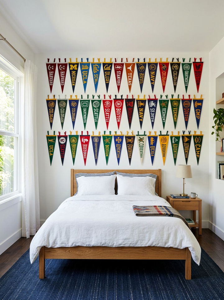 Pennant Flag Wall - 30 baseball bedroom ideas