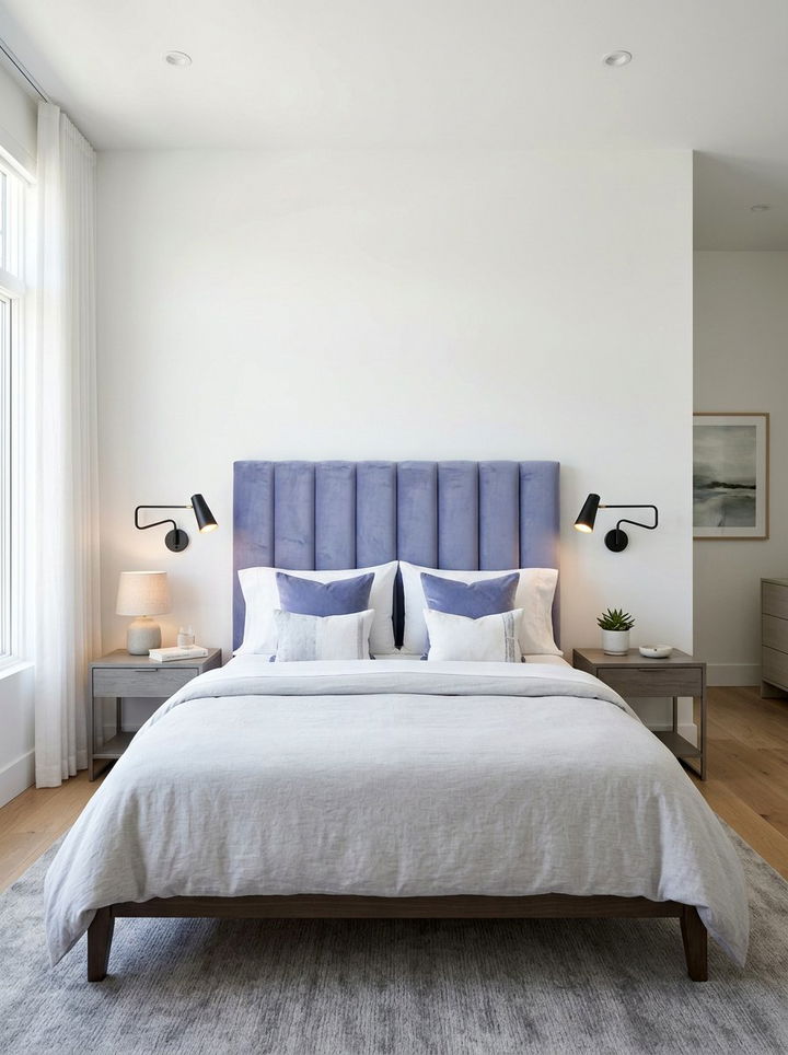 Periwinkle Velvet Headboard - 30 periwinkle bedroom ideas