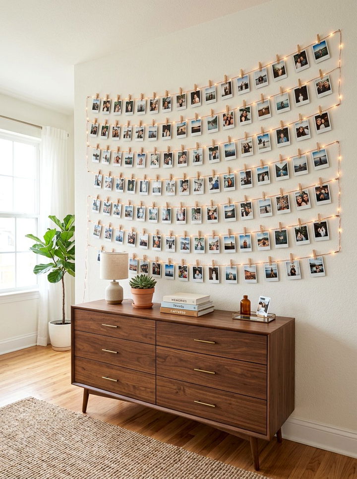 Photo Wall String Lights - 30 bedroom fairy lights ideas