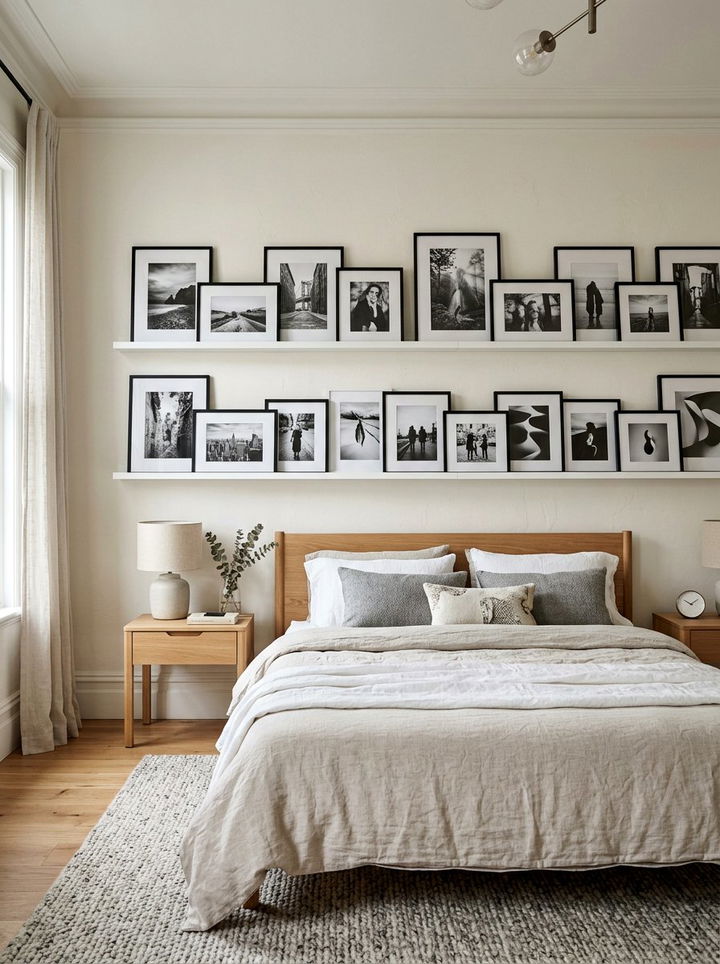 Picture Ledge Gallery Wall - 30 small bedroom space storage ideas