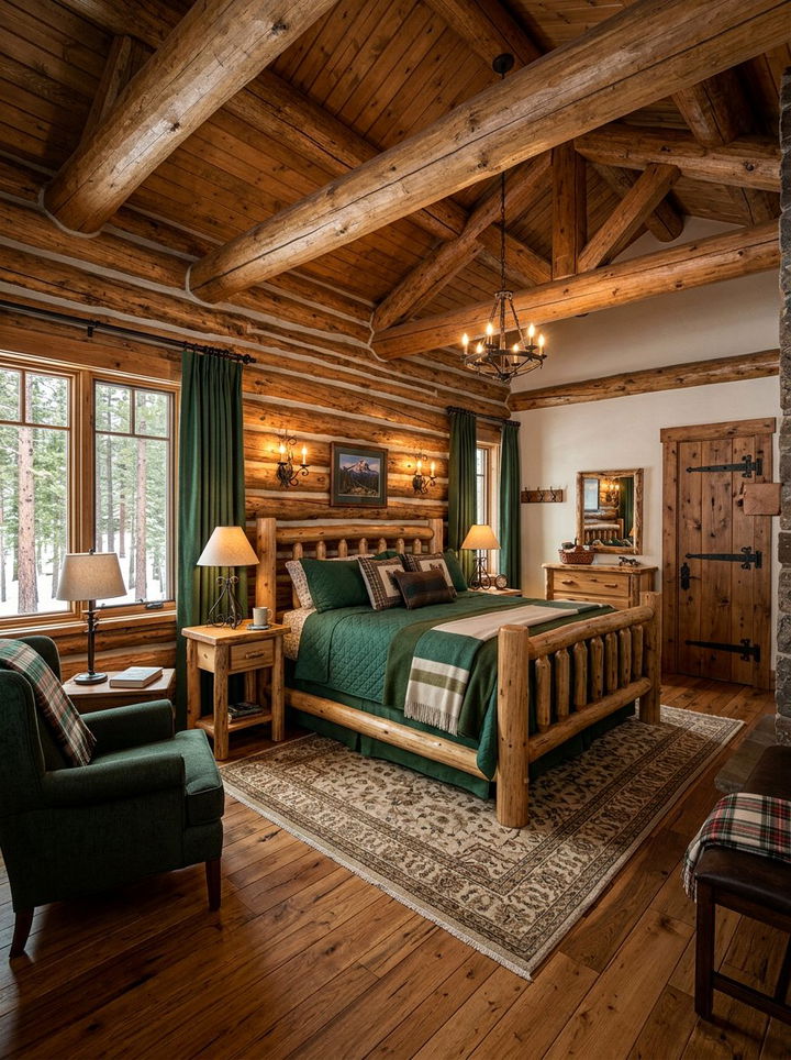 Pine green log cabin bedroom - 30 rustic green bedroom ideas