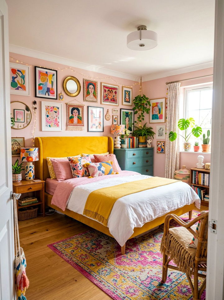 Pink And Yellow Eclectic Bedroom - 30 yellow bedroom decor ideas