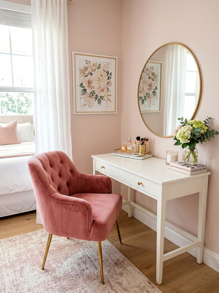 Pink Velvet Vanity Chair And White Table - 30 bedroom makeup vanities