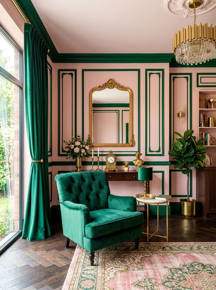 Pink Walls Emerald Green Accents - 30 bedroom dusty pink walls
