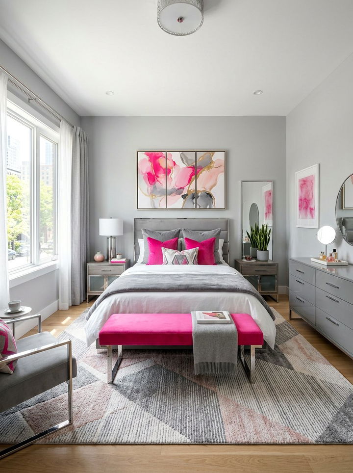 Pink and Gray Contemporary Bedroom - 30 hot pink bedroom ideas