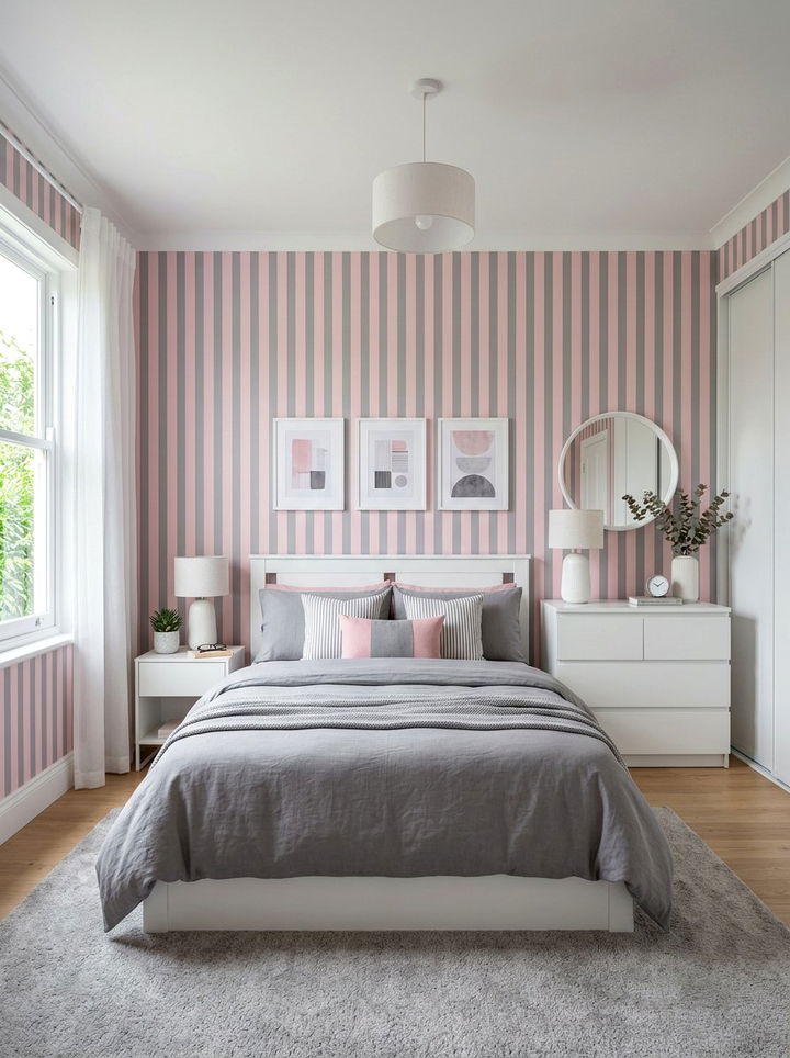 Pink and Gray Striped Bedroom - 30 pink gray bedroom ideas