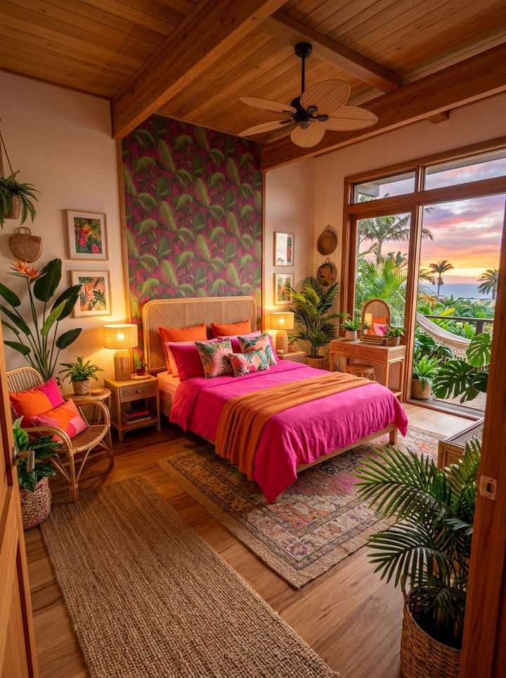 Pink and Orange Tropical Bedroom - 30 hot pink bedroom ideas