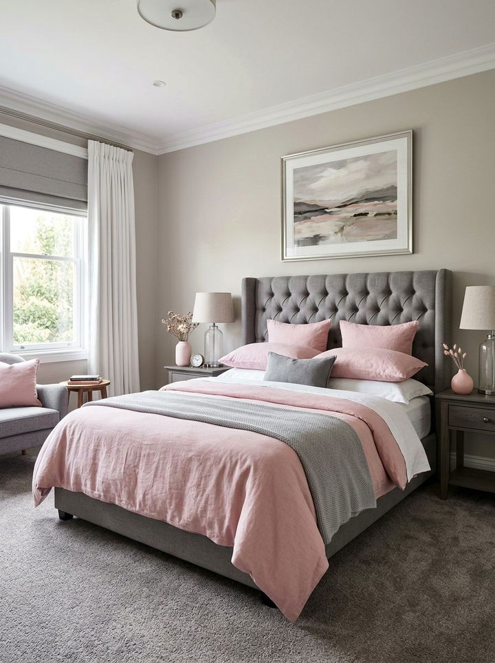 Pink and gray upholstered headboard bedroom - 30 pink and gray bedroom ideas