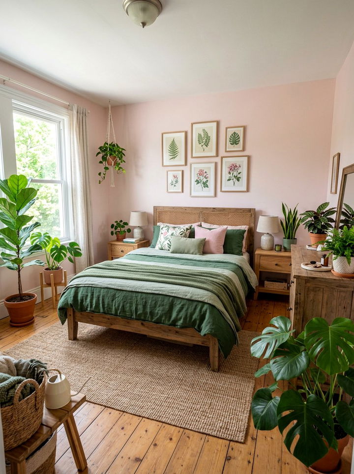 Pink and green botanical bedroom - 30 pale pink bedroom ideas