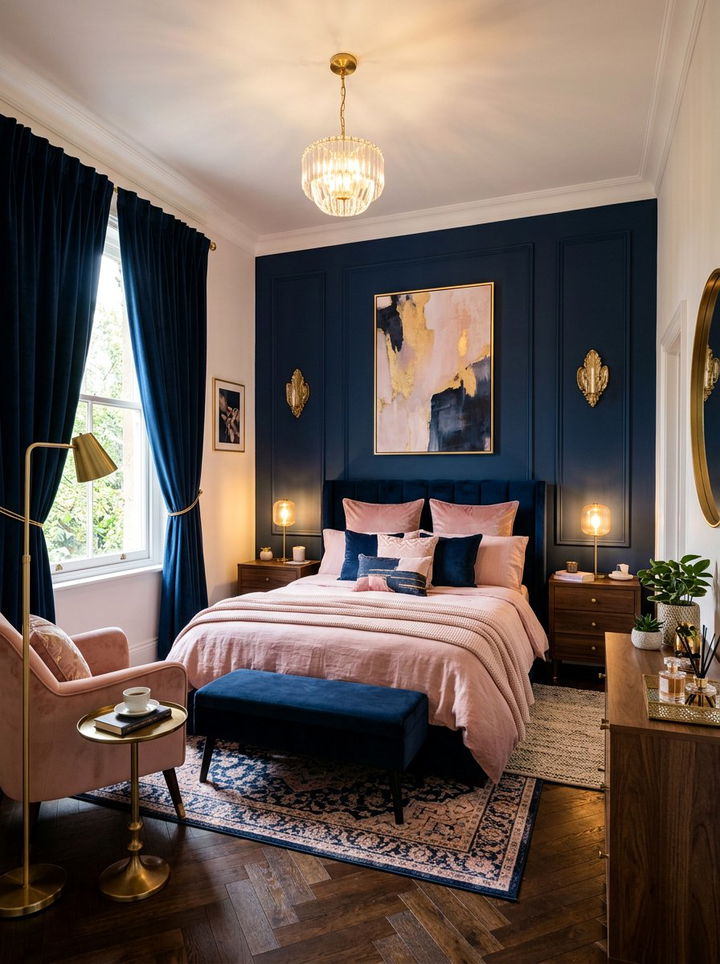 Pink and navy blue bedroom - 30 pale pink bedroom ideas