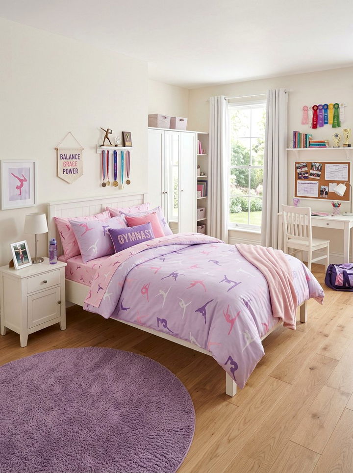 Pink and purple gymnastics bedding - 30 gymnastics bedroom ideas