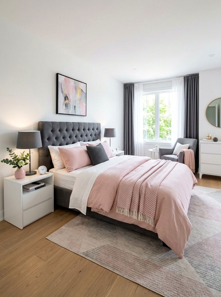 Pink and white bedroom with gray accents - 30 pink and white bedroom ideas