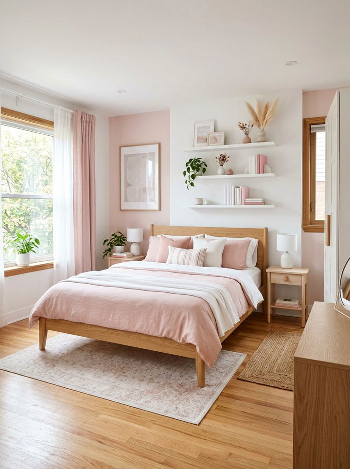 Pink and white bedroom with wood accents - 30 pink and white bedroom ideas