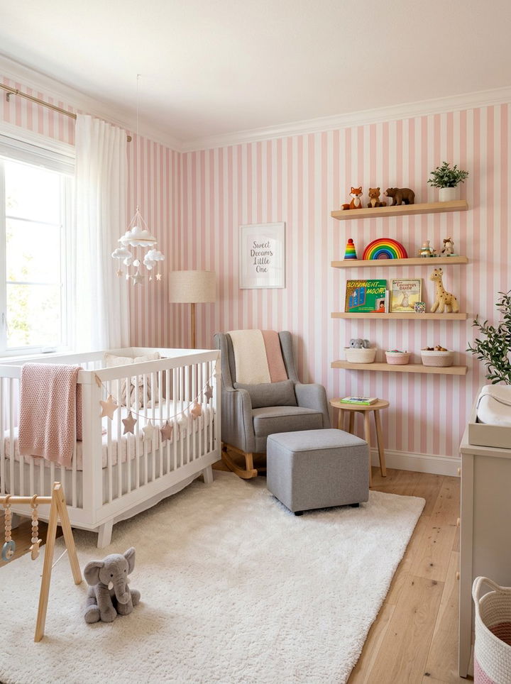 Pink and white nursery stripe - 30 bedroom striped wallpapers