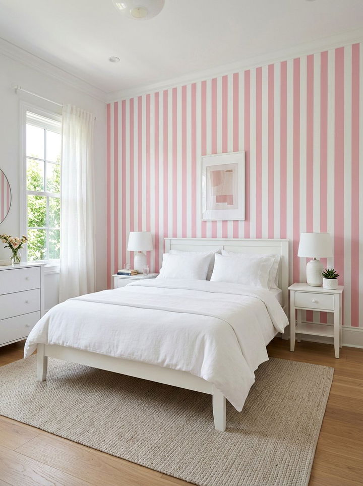 Pink and white striped bedroom wall - 30 pink and white bedroom ideas
