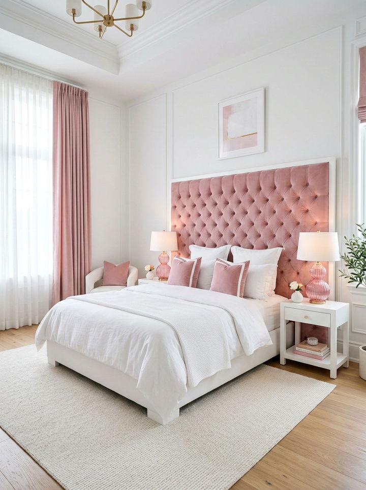 Pink and white tufted headboard bedroom - 30 pink and white bedroom ideas
