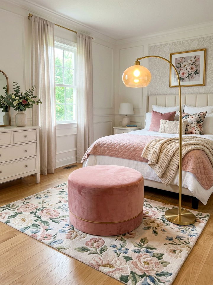 Pink round velvet ottoman - 30 bedroom ottomans