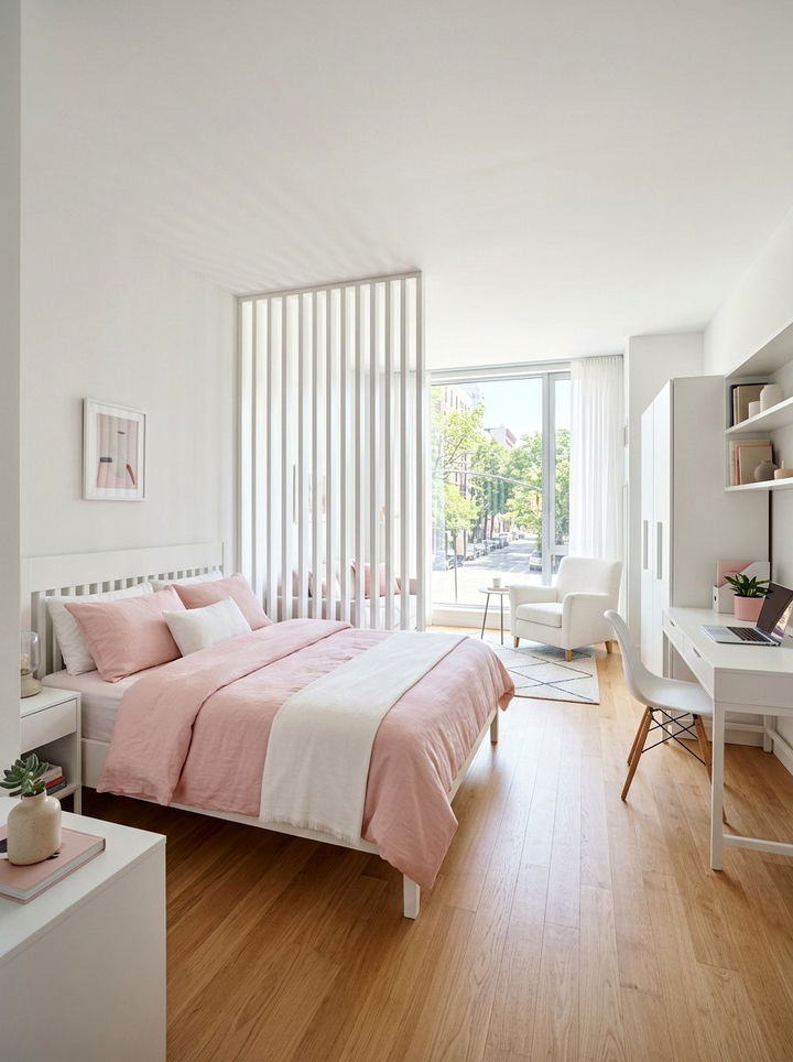 Pink white minimalist studio bedroom - 30 pinkish white bedroom ideas