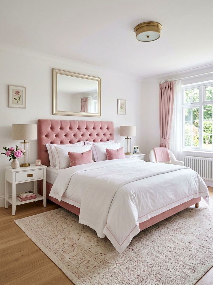 Pink white tufted headboard bedroom - 30 pinkish white bedroom ideas
