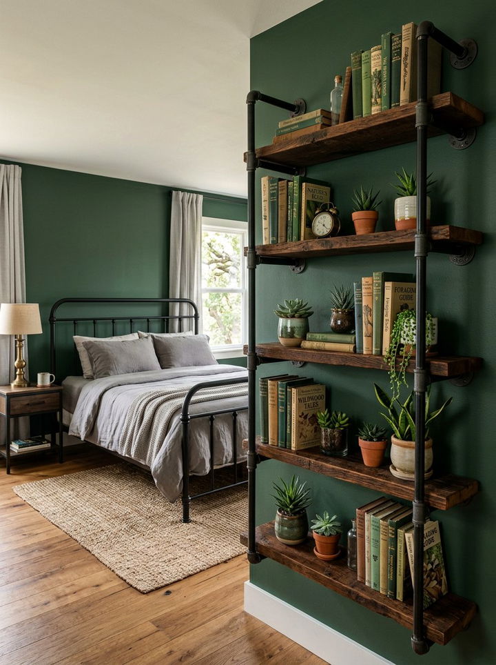 Pipe Shelving Forest Green Wall - 30 industrial green bedroom ideas
