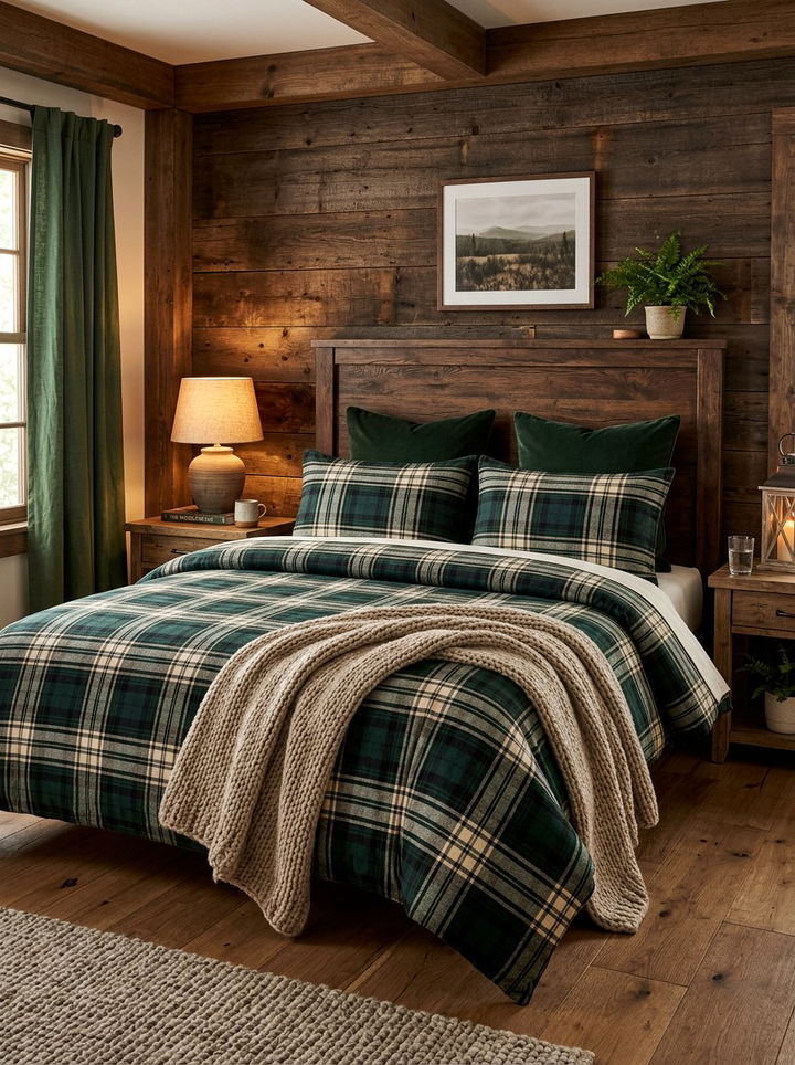 Plaid Bedding - 30 rustic black bedroom ideas