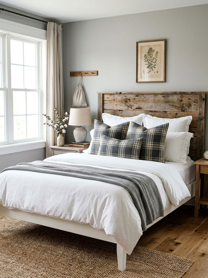 Plaid Pattern Pillows - 30 rustic gray bedroom ideas