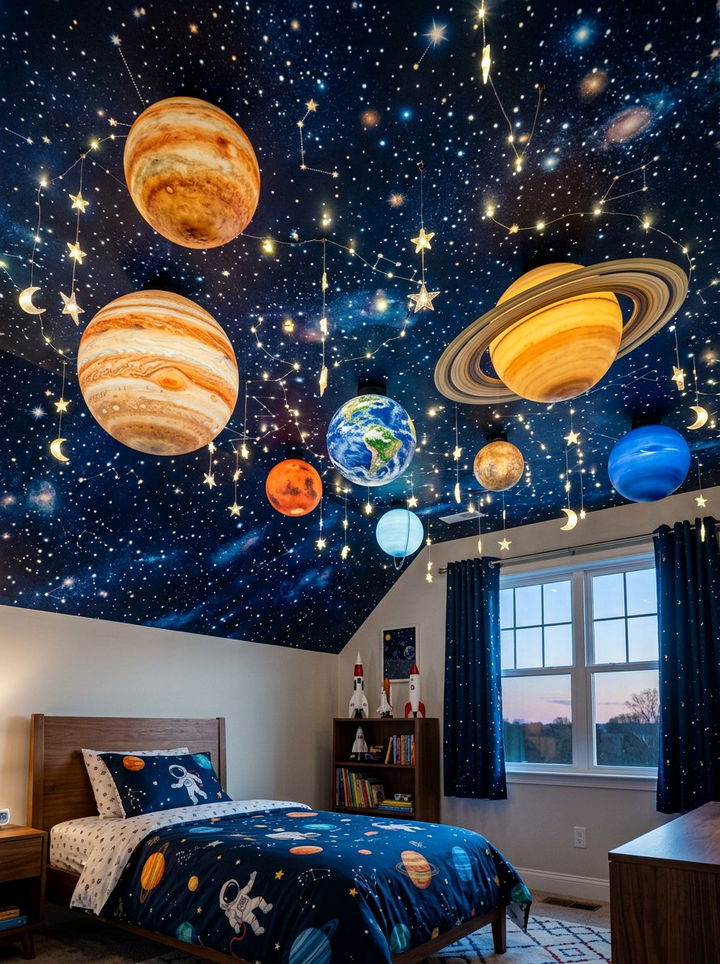 Planet ceiling decor - 30 astronaut bedroom ideas