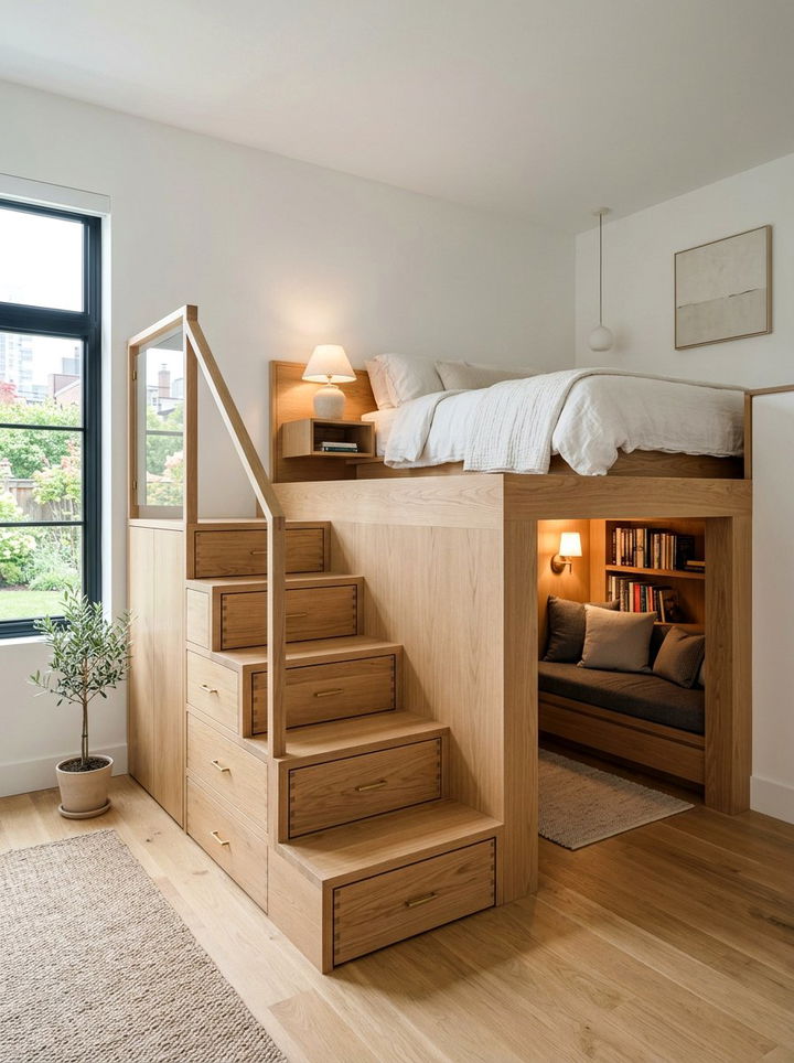 Platform Bed With Stairs - 30 small bedroom space storage ideas
