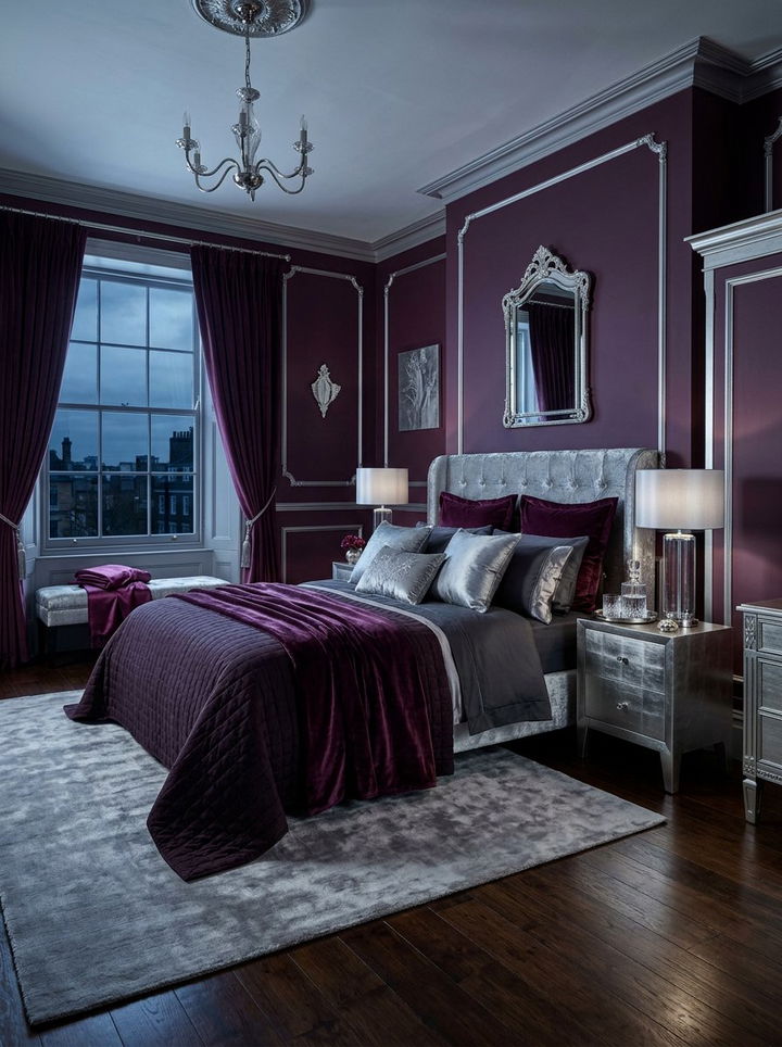 Plum and metallic silver bedroom - 30 sunset inspired bedroom color ideas