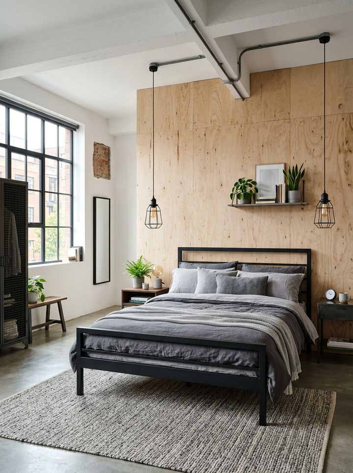 Plywood Wall Panel - 30 industrial bedroom ideas