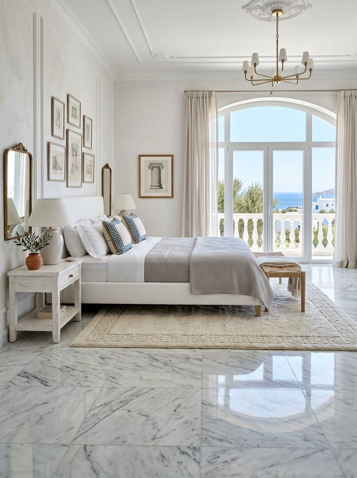 Polished marble floor bedroom - 30 Greek bedroom ideas