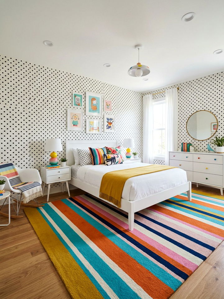 Polka Dot Wallpaper Striped Rug - 30 bedroom pattern mixing ideas