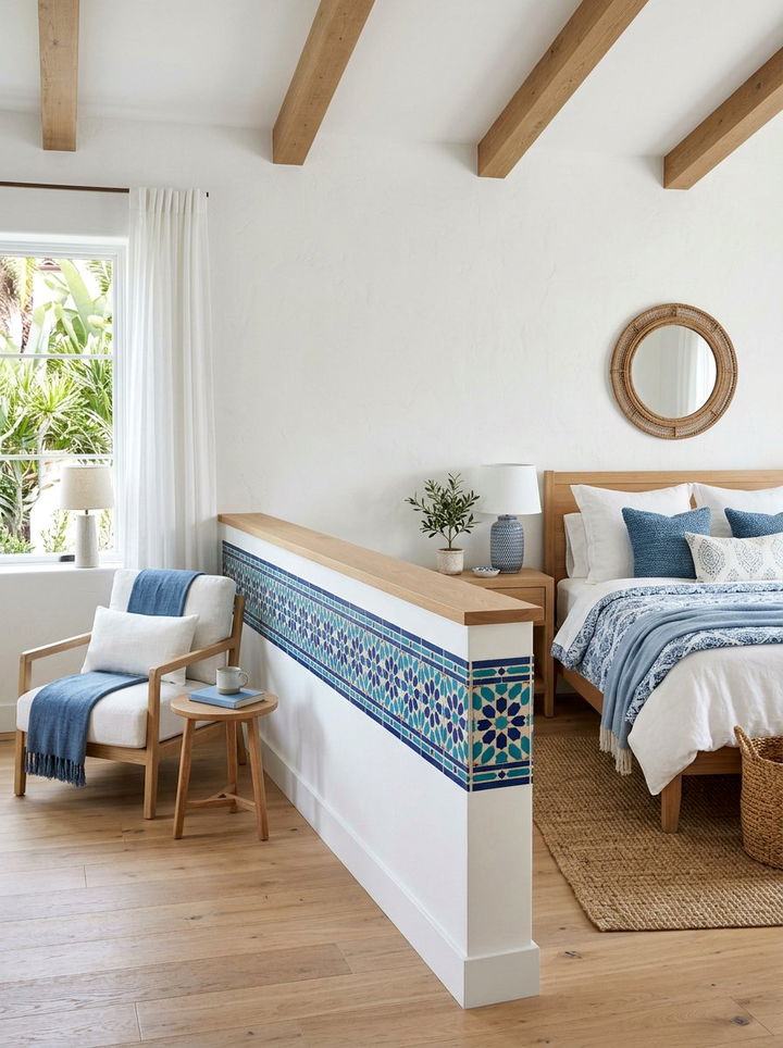 Pony wall with decorative tile inlay - 30 bedroom pony wall ideas