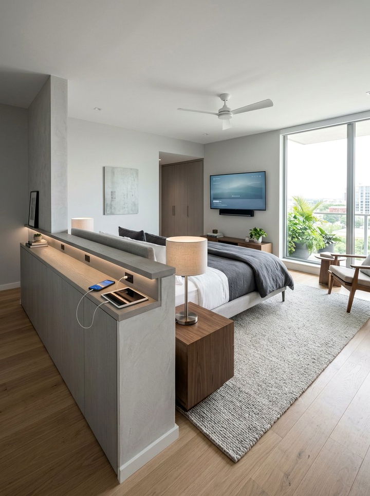 Pony wall with hidden charging stations - 30 bedroom pony wall ideas