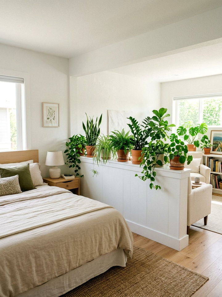 Pony wall with indoor plants on top - 30 bedroom pony wall ideas