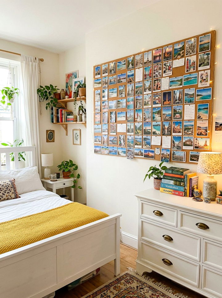 Postcard collection display - 30 bedroom memory wall ideas