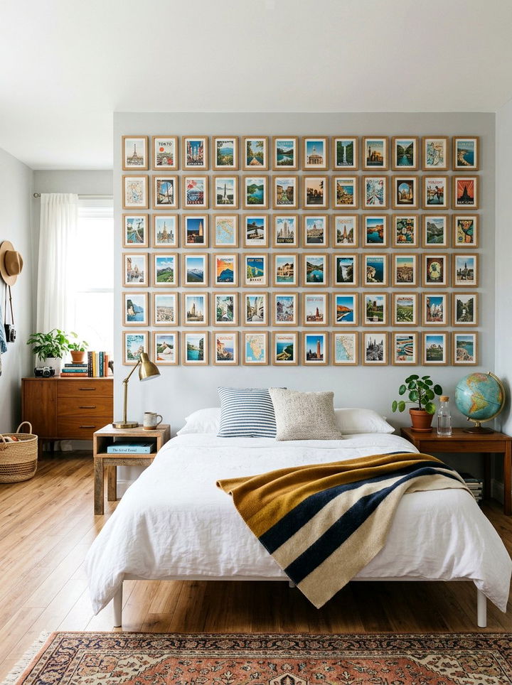 Postcard gallery wall - 30 explorer bedroom ideas
