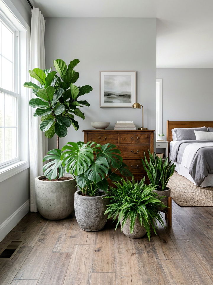 Potted Green Plants - 30 rustic gray bedroom ideas