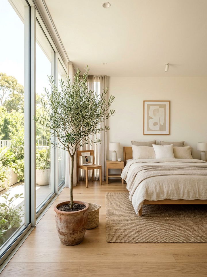 Potted Olive Tree - 30 soft minimalist bedroom ideas