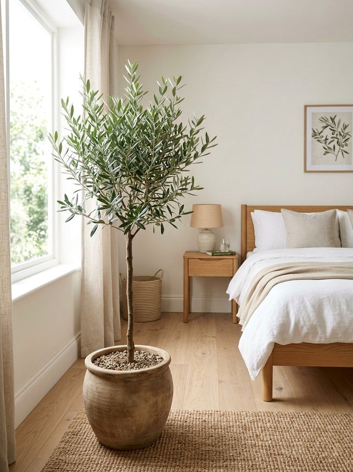 Potted Olive Tree - 30 warm minimalist bedroom ideas