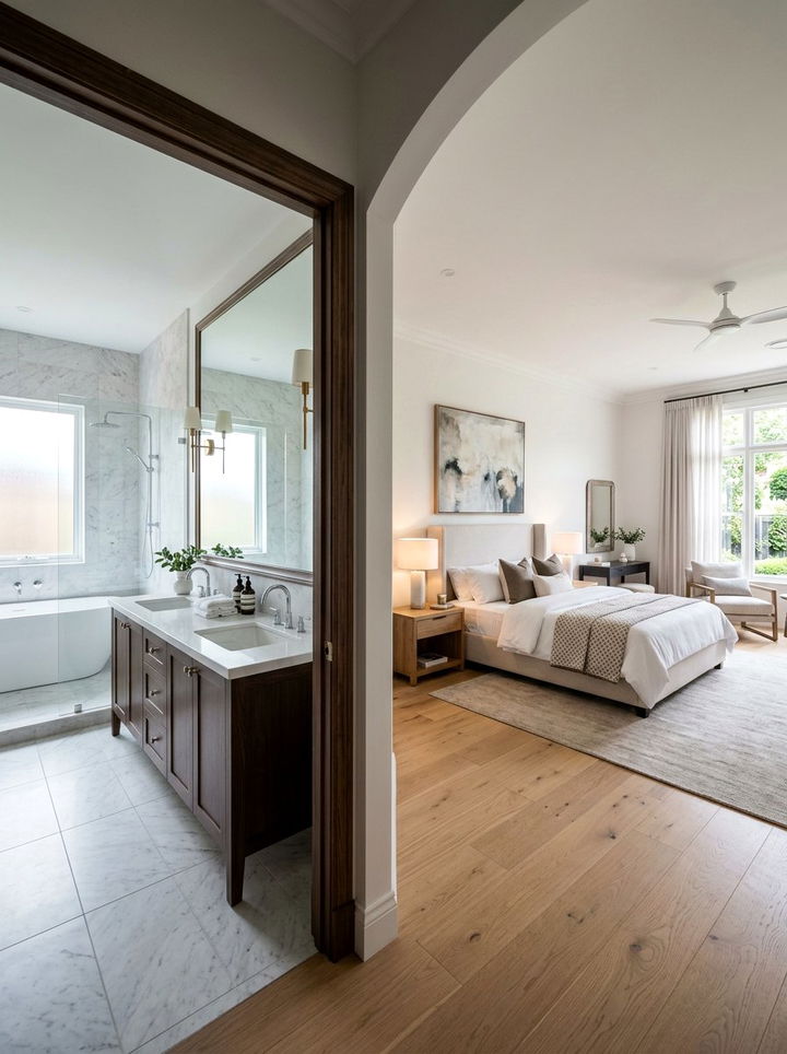 Primary bedroom layout with double vanity bathroom - 30 bedroom floor plan ideas